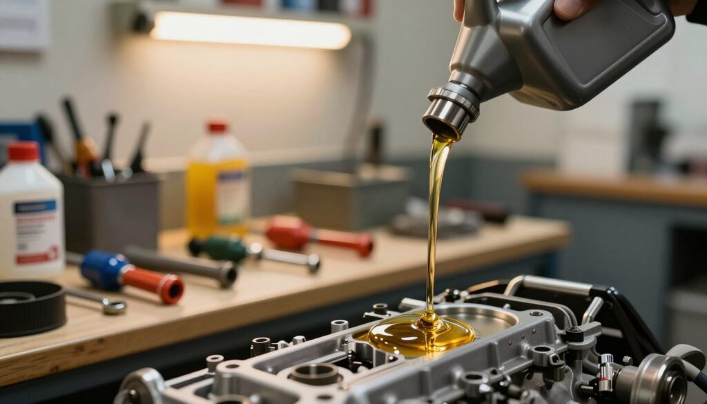 A focused scene of precise oil dosing in an automotive environment. In the foreground, a sleek oil dispensing tool is carefully pouring engine oil into a gleaming engine component, showcasing a steady stream of golden liquid. The oil is visibly thick and glossy, highlighting its viscosity. In the middle, an organized workbench displays various automotive tools and containers, all neatly arranged. The background features an illuminated garage with soft, warm lighting, emphasizing the importance of cleanliness and precision in automotive maintenance. The angle is slightly tilted to create a dynamic perspective, enhancing the mood of professionalism and high-tech engineering.