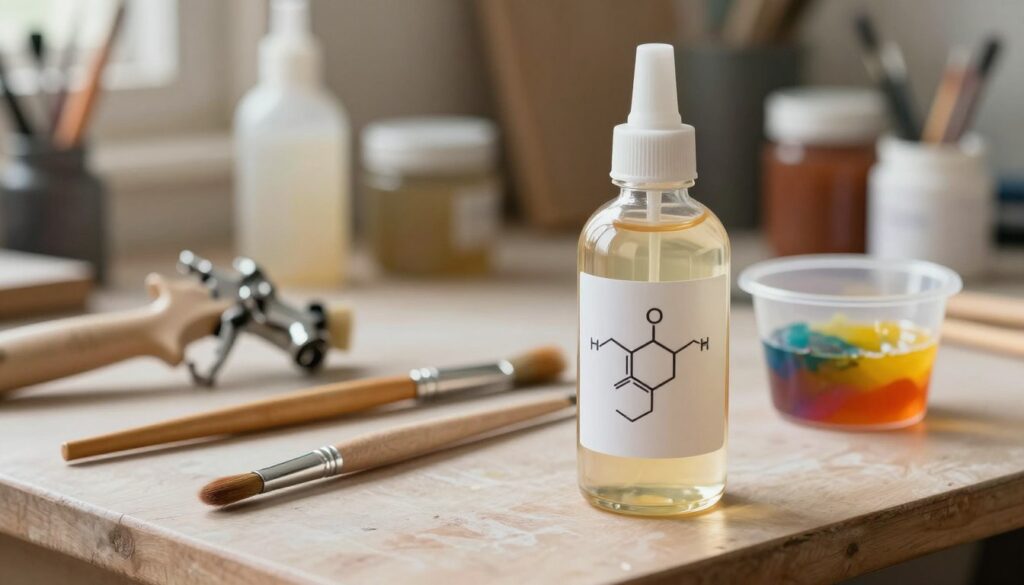 A high-resolution image of a resin hardener, elegantly displayed on a workbench. In the foreground, show an intricately designed glass bottle of the hardener, with a sleek label featuring the chemical structure of the compound, reflecting light softly. In the middle, include various painting tools like a spray gun, paintbrushes, and a mixing cup with vibrant colors mixing with resin. The background should feature a softly blurred workshop setting filled with tools and jars, illuminated with warm, natural light to create a cozy atmosphere. Capture the essence of art and craftsmanship, evoking a sense of innovation and creativity in the resin coating process. Focus on neutral tones with pops of color to draw attention to the hardener and tools, creating a professional yet inviting mood for readers. A high-resolution image of a resin hardener, elegantly displayed on a workbench. In the foreground, show an intricately designed glass bottle of the hardener, with a sleek label featuring the chemical structure of the compound, reflecting light softly. In the middle, include various painting tools like a spray gun, paintbrushes, and a mixing cup with vibrant colors mixing with resin. The background should feature a softly blurred workshop setting filled with tools and jars, illuminated with warm, natural light to create a cozy atmosphere. Capture the essence of art and craftsmanship, evoking a sense of innovation and creativity in the resin coating process. Focus on neutral tones with pops of color to draw attention to the hardener and tools, creating a professional yet inviting mood for readers.