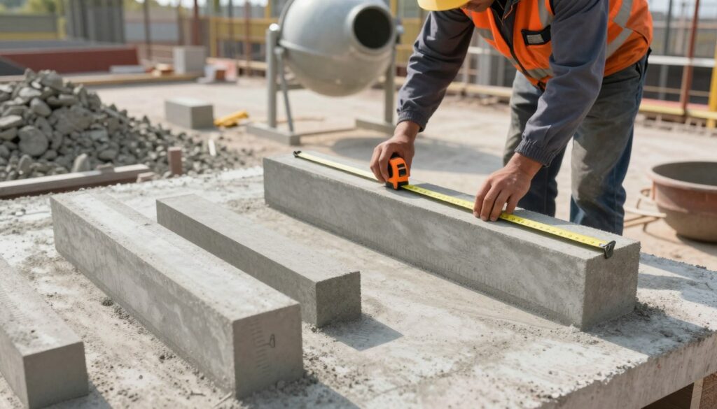 A highly detailed, illustrative scene showcasing the calculation of cubic meters of concrete. In the foreground, clear geometric shapes representing volume measurements—rectangles and simple cuboids—can be seen. The middle ground hosts a construction worker in professional attire, thoughtfully measuring dimensions with a tape measure, positioned next to a concrete mixer. In the background, a construction site is visible with piles of concrete and ongoing activities, bathed in natural daylight that creates a warm atmosphere. The angle should capture a slight bird's-eye view, emphasizing the relationship between the measurements and the concrete mass. The mood is industrious and educational, with an emphasis on clarity and precision in the construction process.
