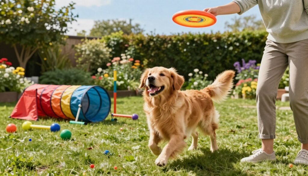 A lively and playful scene depicting a young, energetic dog happily engaging in outdoor activities in a lush green garden. In the foreground, the dog—a golden retriever—excitedly chases a vibrant frisbee thrown by a person wearing casual, modest clothing, showing enthusiasm. In the middle ground, a variety of colorful toys and an activity area with agility equipment, like a tunnel and weave poles, are placed to emphasize the importance of dog exercise. The background features a sunlit garden with blooming flowers and a well-maintained lawn, under a clear blue sky that creates a cheerful and inviting atmosphere. The image is bright, with the warm natural light highlighting the dog's fur and the lively colors of the surroundings, capturing a sense of joy and vitality.