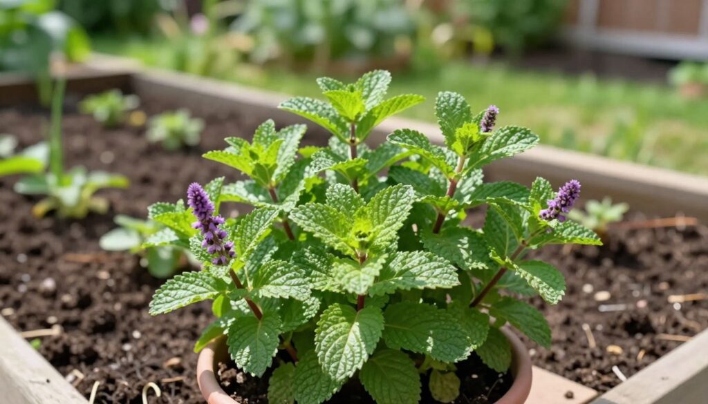 A lush and vibrant potted peppermint plant (mięta pieprzowa) in the foreground, showcasing its bright green leaves with a slightly serrated edge and delicate purple flower spikes, symbolizing the variety ideal for gardening. The middle ground features a shaded, well-tended garden bed with rich, dark soil, hinting at the plant's growth environment. In the background, blurred garden scenery creating a tranquil atmosphere, with soft sunlight streaming in, casting gentle shadows. The composition is bright and fresh, conveying a sense of serenity and careful cultivation. Capture this scene from a slight top-down angle to highlight the plant's leaves and flowers in sharp focus while maintaining a soft bokeh effect on the background. A lush and vibrant potted peppermint plant (mięta pieprzowa) in the foreground, showcasing its bright green leaves with a slightly serrated edge and delicate purple flower spikes, symbolizing the variety ideal for gardening. The middle ground features a shaded, well-tended garden bed with rich, dark soil, hinting at the plant's growth environment. In the background, blurred garden scenery creating a tranquil atmosphere, with soft sunlight streaming in, casting gentle shadows. The composition is bright and fresh, conveying a sense of serenity and careful cultivation. Capture this scene from a slight top-down angle to highlight the plant's leaves and flowers in sharp focus while maintaining a soft bokeh effect on the background.