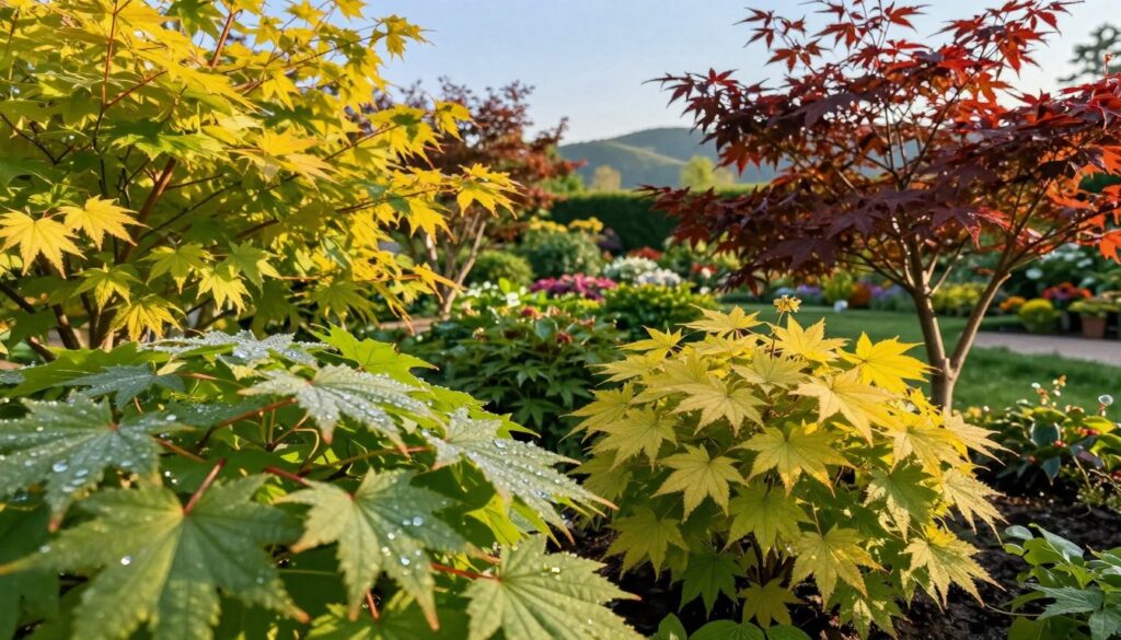 A lush collection of vibrant deciduous leaves in various shades of green, yellow, and red, artistically arranged to showcase popular ornamental tree varieties for gardens. In the foreground, focus on a detailed close-up of textural leaf patterns glistening with dew under soft morning sunlight. The middle ground features several ornamental trees, such as Japanese Maples and Flowering Dogwoods, with their distinctive foliage beautifully framing the scene. In the background, a serene garden setting is portrayed with soft-focus elements, like blurred flowerbeds and gentle rolling hills under a clear blue sky, conveying a peaceful atmosphere. The lighting is warm and inviting, capturing the essence of a sunny day in a vibrant garden.