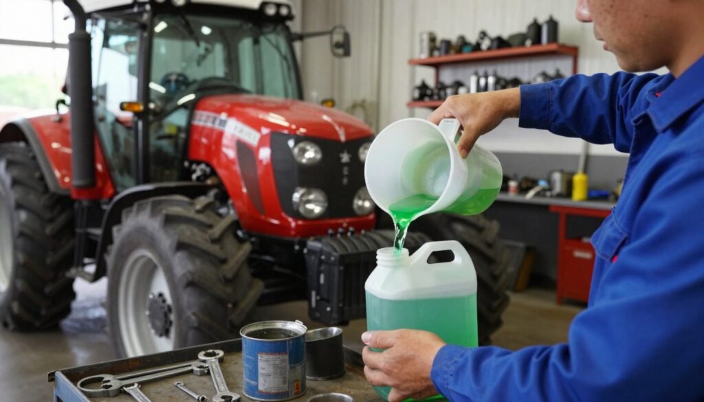 A mechanic in a modest workshop, wearing blue coveralls, is carefully preparing a container of coolant fluid for a C-330 tractor. In the foreground, focus on the mechanic’s hands pouring the bright green liquid into a large funnel positioned above the tractor’s open cooling system. The midground reveals the C-330 tractor, showcasing its recognizable features and open hood, surrounded by tools and equipment like wrenches and oil cans. The background features shelves lined with mechanical parts, bathed in soft, natural light streaming through a nearby window, creating a professional yet inviting atmosphere. The angle captures the action and precision of the coolant preparation, emphasizing the importance of proper maintenance.