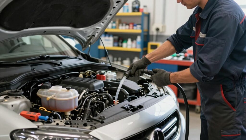 A mechanic in a well-lit garage, focused on safely draining coolant from a vehicle's radiator. The foreground features the mechanic wearing professional work attire, carefully maneuvering a draining tool. In the middle, an open car hood reveals a gleaming engine, with a clear view of the coolant reservoir and drain valve. Tools and safety equipment are organized on a nearby workbench, emphasizing a tidy workspace. In the background, shelves filled with automotive supplies are softly blurred, enhancing the depth of field. The lighting is bright, highlighting the professionalism of the scene while casting soft shadows for depth. The mood conveys diligence and safety, capturing the meticulous process of coolant exchange without risk of engine flooding.