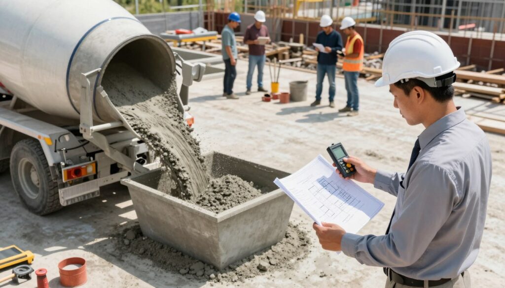 A modern construction site focused on concrete mixing and volume estimation. In the foreground, a professional engineer in business attire holds a digital measuring device, examining a blueprint of a foundation plan. The middle section features a concrete mixer truck pouring a fresh batch of concrete into a measuring container. In the background, construction workers in hard hats are preparing the foundation area, with tools and materials scattered around. The scene is well-lit by natural sunlight, casting soft, realistic shadows, creating a productive and focused atmosphere. The angle is slightly elevated, providing a comprehensive view of the activity and tools used in modern volume estimation methods for concrete.