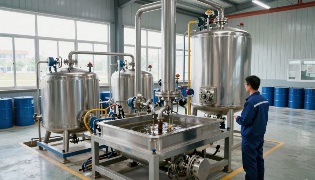 A modern industrial oil regeneration facility interior, showcasing advanced machinery and equipment in action. In the foreground, a technician in a professional business outfit observes the process, ensuring safety protocols. The middle layer features large stainless steel tanks and filtration systems, highlighting the oil purification stage. In the background, large windows allow natural light to stream in, illuminating the workspace with a clean, efficient atmosphere. Various oil drums are neatly arranged along the walls, enhancing the sense of organized workflow. The color palette should be cool and industrial, with steel greys and blues dominating, conveying a sense of professionalism and technological advancement. The overall mood is one of cleanliness, innovation, and environmental responsibility.