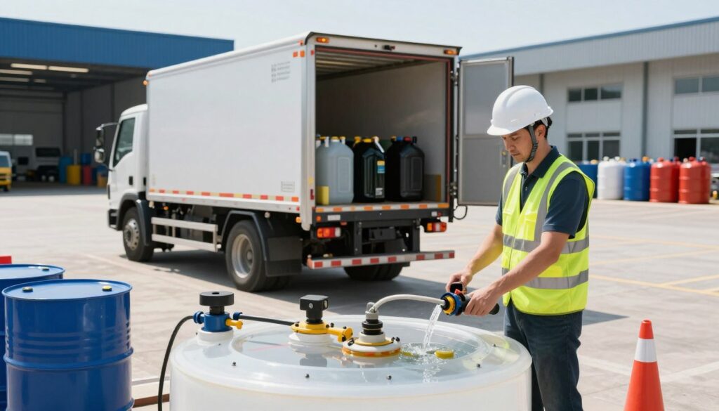 A modern industrial setting for oil collection, featuring a professional wearing a hard hat and safety vest, standing next to a labeled oil collection tank. In the foreground, a clear view of oil drums and equipment for transferring used oil. The middle ground showcases a delivery truck with its rear open, displaying containers for drained oil, surrounded by tools and safety cones. The background shows a sunny day with an organized depot and large containers for waste management, giving a sense of order and efficiency. The lighting is bright, enhancing the clarity of the scene, while a slight lens blur on the background emphasizes the focus on the characters and machinery. The overall atmosphere is industrious and efficient, reflecting the logistics of used oil collection.