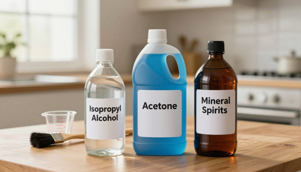 A neatly arranged selection of various household solvents displayed on a wooden table. In the foreground, showcase three distinct solvent bottles: a clear glass container with a liquid labeled as "Isopropyl Alcohol," a vibrant blue plastic bottle marked "Acetone," and a dark brown glass bottle labeled "Mineral Spirits." In the middle ground, include small measuring cups and brushes, suggesting practical uses of these solvents in home applications. The background features a softly blurred kitchen environment, illuminated with warm, natural light from a nearby window, creating a cozy and inviting atmosphere. The overall mood is professional yet approachable, emphasizing the functionality and diversity of solvents used in the home.
