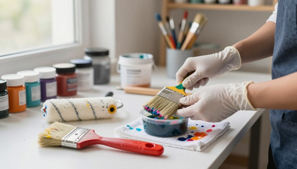 A neatly arranged workspace showcasing the process of cleaning painting tools. In the foreground, focus on two brushes and a roller, covered in vibrant paint, resting beside a small bucket filled with solvent. The middle section should feature hands wearing disposable gloves, diligently scrubbing the brushes, with splashes of color on a nearby towel. In the background, a well-lit, organized painting studio with various jars of paint and brushes on shelves, and a large window letting in soft, natural light that highlights the textures of the tools. The atmosphere should feel productive and tidy, emphasizing the importance of maintaining tools for quality painting results. Use a slightly shallow depth of field to draw attention to the cleaning process while softly blurring the background elements.