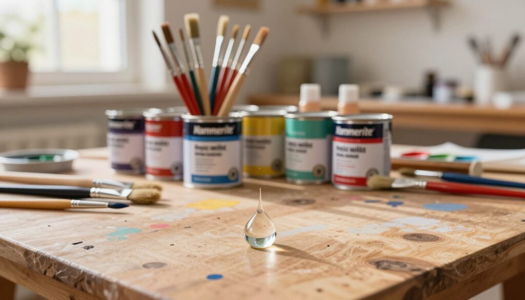 A polished drop of paint thinner, or "rozcieńczalnik," sits prominently in the foreground, reflecting soft light that enhances its clarity. The middle layer features an array of paintbrushes and cans of Hammerite paint artfully arranged, showcasing the diverse color spectrum associated with this brand. In the background, a workspace is set up with a wooden table, covered in paint splotches and various painting tools, illuminated by warm, natural light streaming from a nearby window. The atmosphere is creative and inviting, conveying a sense of artistry and preparation for a DIY project. The angle is slightly elevated, capturing the essence of a painter's haven, emphasizing the importance of selecting the right solvent for achieving optimal painting results.