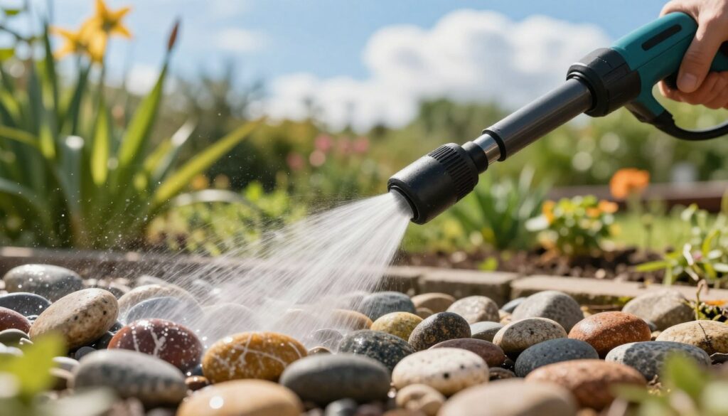 A powerful pressure washer is positioned in the foreground, its nozzle actively spraying a stream of water onto a variety of garden stones and pebbles, showcasing the cleaning effect. The pebbles are detailed, revealing their original vibrant colors and textures being restored by the high-pressure water. In the middle ground, lush greenery frames the scene, with a softly blurred flowerbed hinting at the surrounding garden's beauty. The background features a bright blue sky with fluffy white clouds, suggesting a sunny day. The lighting is warm and natural, enhancing the colors of the stones and plants. The mood is fresh and revitalizing, illustrating the effectiveness of using a pressure washer for garden maintenance.
