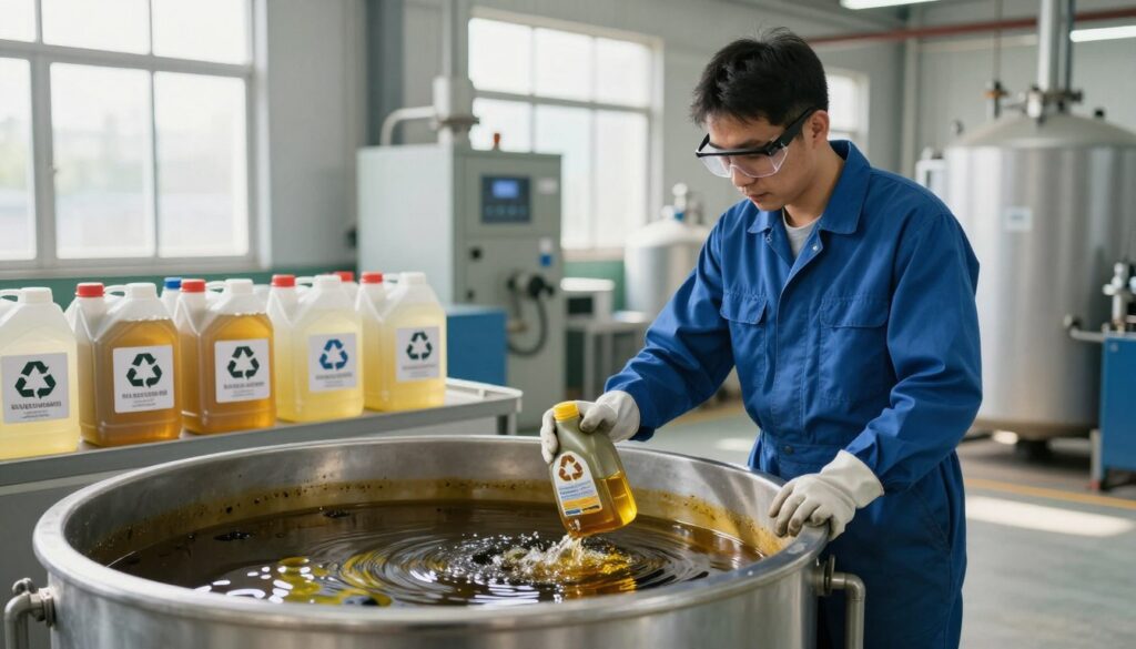 A professional and informative scene set in a clean, well-lit waste processing facility focused on the recycling of used motor oil. In the foreground, a technician in a blue jumpsuit carefully inspects a collection tank filled with used oil, wearing safety gloves and goggles. The middle ground features various containers labeled for different types of oil waste, with pipes and equipment in the background illustrating the recycling process. Soft, natural illumination streams through large windows, creating a clear and focused atmosphere. The overall mood is one of responsibility and sustainability, showcasing the practical aspects of used oil disposal and highlighting the importance of proper oil recycling methods.