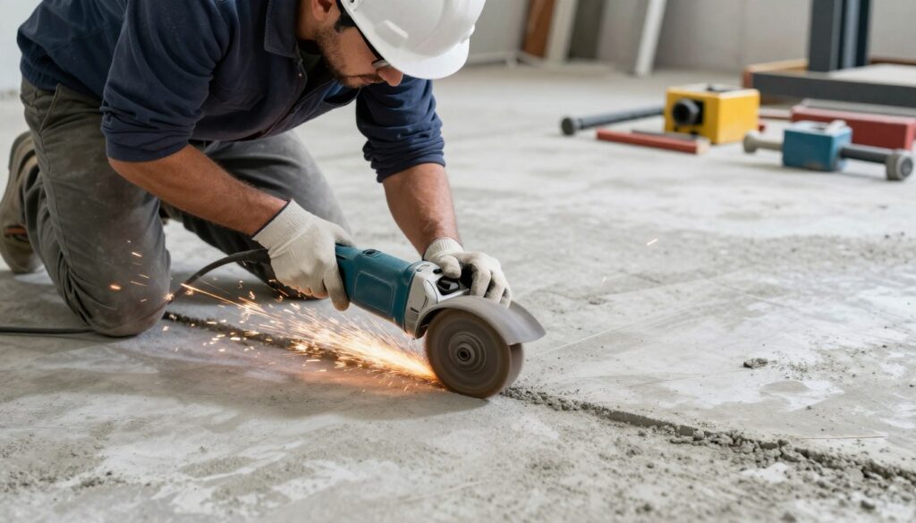 A professional concrete grinder in a safety helmet and work gloves is intensely focused on the process of grinding a concrete surface. In the foreground, the grinder is shown in action, with sparks flying from the grinding wheel, creating a dynamic sense of movement and industrial energy. The middle ground features a smooth concrete floor, with a contrast between the polished and unpolished areas highlighting the effectiveness of the grinding process. The background includes construction equipment and tools neatly arranged, providing context for the work environment. The lighting is bright and well-distributed, casting soft shadows that emphasize textures and details. The overall mood is purposeful and industrious, capturing the essence of a step-by-step concrete grinding process in a professional setting. A professional concrete grinder in a safety helmet and work gloves is intensely focused on the process of grinding a concrete surface. In the foreground, the grinder is shown in action, with sparks flying from the grinding wheel, creating a dynamic sense of movement and industrial energy. The middle ground features a smooth concrete floor, with a contrast between the polished and unpolished areas highlighting the effectiveness of the grinding process. The background includes construction equipment and tools neatly arranged, providing context for the work environment. The lighting is bright and well-distributed, casting soft shadows that emphasize textures and details. The overall mood is purposeful and industrious, capturing the essence of a step-by-step concrete grinding process in a professional setting.