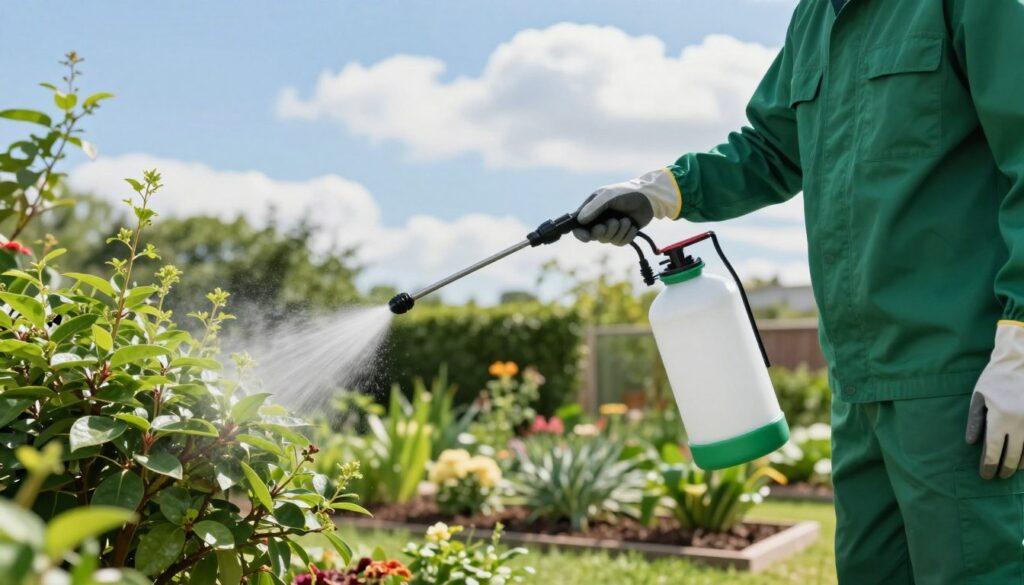 A professional gardener applying chemical treatments for tick control in a well-maintained garden. In the foreground, the gardener, dressed in a neatly pressed green work shirt and protective gloves, is using a high-quality sprayer to apply the chemical solution onto a bush. In the middle ground, lush green plants and well-mulched flower beds are visible, suggesting a thriving garden ecosystem. The background features a bright blue sky with a few fluffy clouds, providing natural lighting that enhances the vibrant colors of the garden. The atmosphere is calm and focused, reflecting a sense of diligence and care towards maintaining a healthy environment. Shot from a slightly upward angle to give perspective on the process, highlighting the importance of professional pest control measures. A professional gardener applying chemical treatments for tick control in a well-maintained garden. In the foreground, the gardener, dressed in a neatly pressed green work shirt and protective gloves, is using a high-quality sprayer to apply the chemical solution onto a bush. In the middle ground, lush green plants and well-mulched flower beds are visible, suggesting a thriving garden ecosystem. The background features a bright blue sky with a few fluffy clouds, providing natural lighting that enhances the vibrant colors of the garden. The atmosphere is calm and focused, reflecting a sense of diligence and care towards maintaining a healthy environment. Shot from a slightly upward angle to give perspective on the process, highlighting the importance of professional pest control measures.