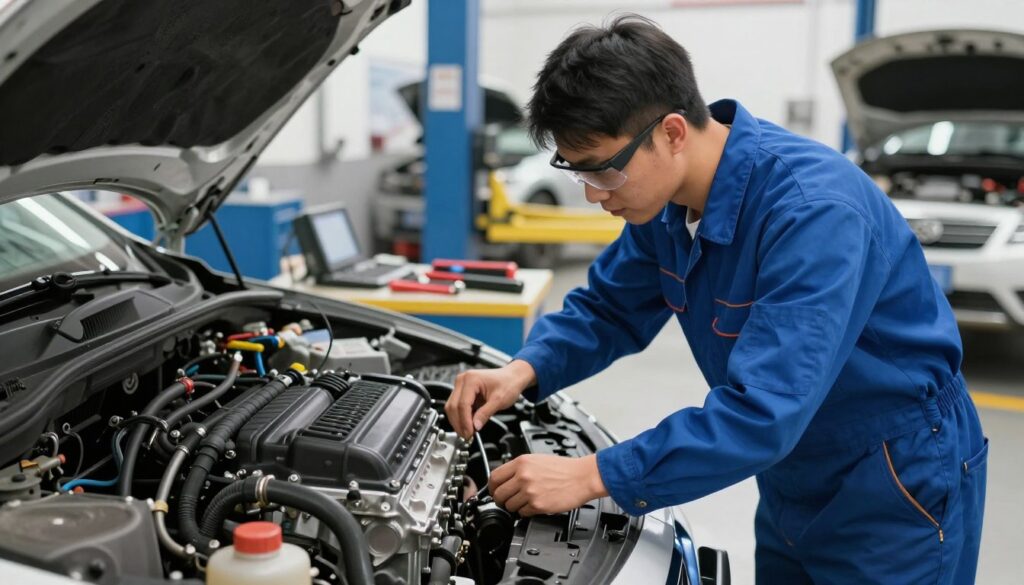 A professional mechanic examining a car's cooling system in a well-lit garage. In the foreground, focus on the mechanic wearing a blue jumpsuit and safety glasses, closely inspecting a partially disassembled engine with visible coolant components, like hoses and a radiator. The middle ground features a workbench cluttered with tools and diagnostic equipment, emphasizing the technical nature of the task. In the background, showcase a car lift and other vehicles, enhancing the automotive workshop atmosphere. Soft, natural lighting creates a focused yet inviting environment, capturing the seriousness of diagnosing cooling system failures while maintaining a sense of professionalism and expertise in the scene.