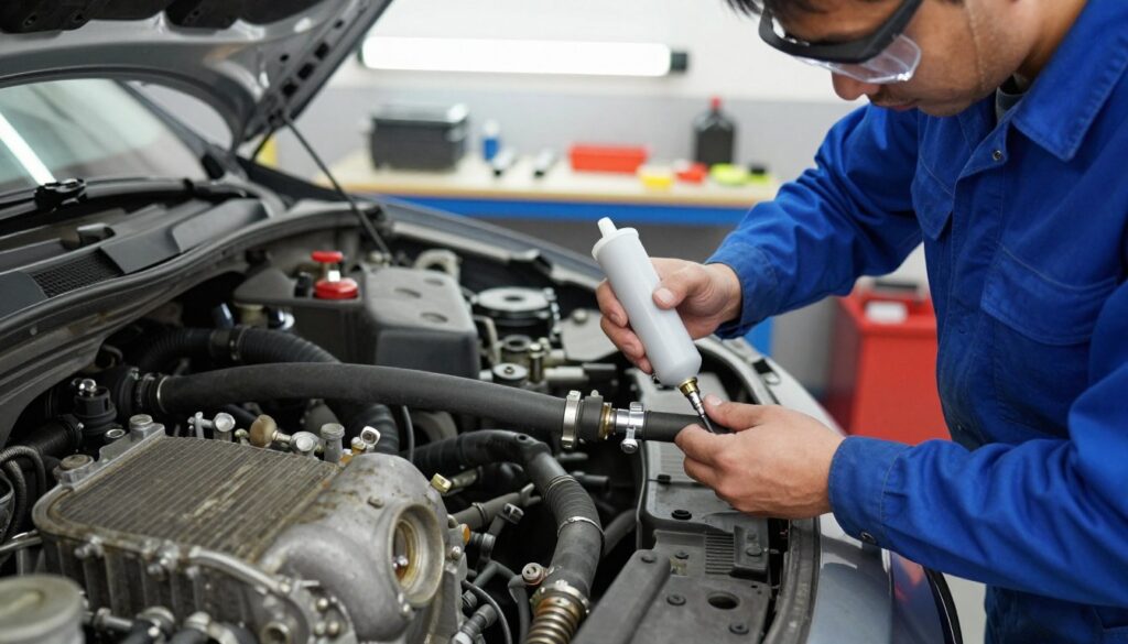A professional mechanic sealing a car's cooling system in a garage environment. In the foreground, the mechanic, dressed in a blue technician's jumpsuit, is applying a liquid sealant to a section of a pipe with a wrench in hand, wearing safety goggles. The middle layer features a close-up of the cooling system components, including hoses, a radiator, and a water pump, showing visible wear and tear. In the background, tools are neatly organized on a workbench, with soft overhead fluorescent lighting casting a clean, professional glow. The atmosphere is focused and industrious, with the sense of meticulous care in automotive maintenance.