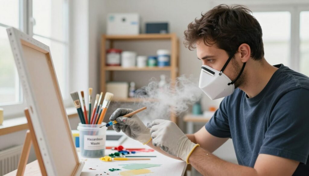 A professional painter in a clean, well-lit workspace, carefully applying paint to a canvas while wearing a protective mask and gloves. The foreground features a close-up of the painter's focused expression, highlighting the importance of safety in handling toxic fumes. In the middle ground, vibrant paint colors and brushes are arranged neatly, with a clear container for solvent waste labeled "Hazardous Waste" to emphasize proper disposal practices. The background shows shelves stocked with painting supplies and ventilation equipment, ensuring a safe environment. The lighting is bright and even, creating a calm and professional atmosphere, with natural light filtering through a window to soften shadows. The overall mood conveys diligence and responsibility in handling hazardous materials. A professional painter in a clean, well-lit workspace, carefully applying paint to a canvas while wearing a protective mask and gloves. The foreground features a close-up of the painter's focused expression, highlighting the importance of safety in handling toxic fumes. In the middle ground, vibrant paint colors and brushes are arranged neatly, with a clear container for solvent waste labeled "Hazardous Waste" to emphasize proper disposal practices. The background shows shelves stocked with painting supplies and ventilation equipment, ensuring a safe environment. The lighting is bright and even, creating a calm and professional atmosphere, with natural light filtering through a window to soften shadows. The overall mood conveys diligence and responsibility in handling hazardous materials.
