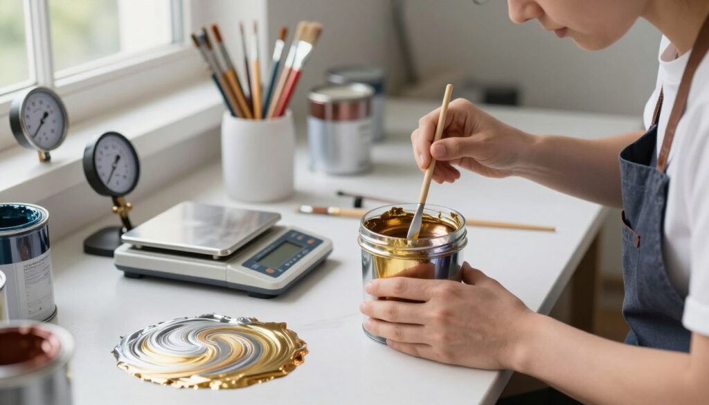 A professional painter in a well-lit workshop is carefully mixing metallic paint in a clear glass container, using a stirring stick. The foreground showcases vibrant metallic paint swirling with different shades of silver, gold, and bronze. In the middle, a digital scale and temperature gauge are displayed, emphasizing the precision required in mixing and application. In the background, neatly arranged paint cans and brushes suggest a well-organized workspace. Soft, natural light filters through a nearby window, casting gentle shadows and enhancing the reflective quality of the paints. The atmosphere conveys focus and expertise, highlighting the technical aspects of paint mixing and application in a serene yet professional setting.