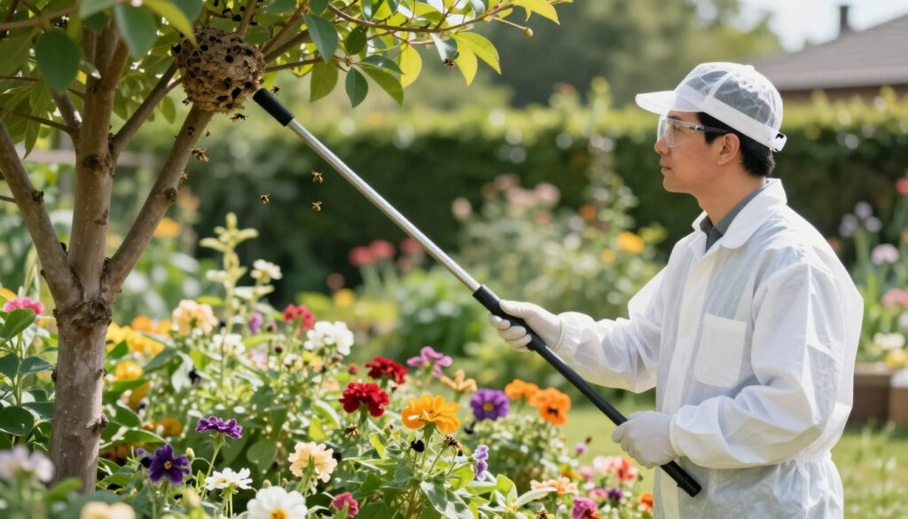 A professional pest control specialist in a clean, safety-focused uniform is inspecting a garden for wasps and hornets. In the foreground, the specialist uses a long reach tool to examine a tree branch, showcasing careful attention to detail. The middle ground features a blooming garden filled with colorful flowers and shrubs, while several wasps can be subtly seen in the background near a nest. The lighting is bright and natural, suggesting a sunny day, enhancing the vibrant colors of the flowers and the focused expression of the specialist. The atmosphere is calm yet vigilant, emphasizing the importance of professional pest management. The angle should highlight both the specialist and the surrounding greenery, creating a balanced composition.