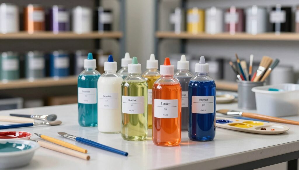 A professional setting showcasing various types of paint thinners used for metallic bases. In the foreground, a collection of clear glass bottles filled with vibrant, colored solvents, reflecting light, with labels indicating their specific evaporation rates. The middle ground features a well-organized workbench with painting tools, mixing palettes, and brushes, highlighting the preparation stage. In the background, softly blurred shelves display cans of metallic paint, with subtle lighting enhancing the metallic sheen. The atmosphere is focused and industrious, evoking a sense of creativity and precision in paint application. The lighting is bright yet soft, simulating a well-lit workshop, capturing the essence of professional painting environments without any distractions or text.