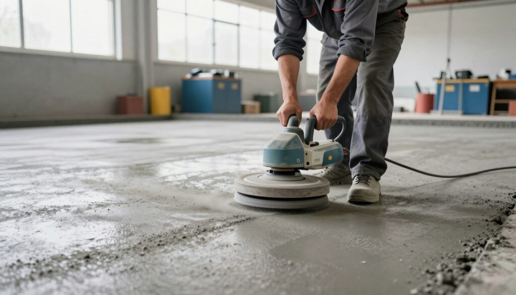 A professional worker in a business casual outfit is skillfully operating a concrete floor grinder on a smooth, newly poured concrete surface. The foreground features the grinder with its rotating discs in action, showing fine dust being produced. In the middle ground, the detailed texture of the polished concrete is visible, enhancing the focus on surface leveling. The background consists of an industrial workspace with tools and equipment neatly arranged, under bright, natural lighting that streams in through large windows. The setting conveys a sense of hard work and professionalism, with an organized atmosphere that emphasizes the importance of using the right equipment for concrete grinding. A professional worker in a business casual outfit is skillfully operating a concrete floor grinder on a smooth, newly poured concrete surface. The foreground features the grinder with its rotating discs in action, showing fine dust being produced. In the middle ground, the detailed texture of the polished concrete is visible, enhancing the focus on surface leveling. The background consists of an industrial workspace with tools and equipment neatly arranged, under bright, natural lighting that streams in through large windows. The setting conveys a sense of hard work and professionalism, with an organized atmosphere that emphasizes the importance of using the right equipment for concrete grinding.