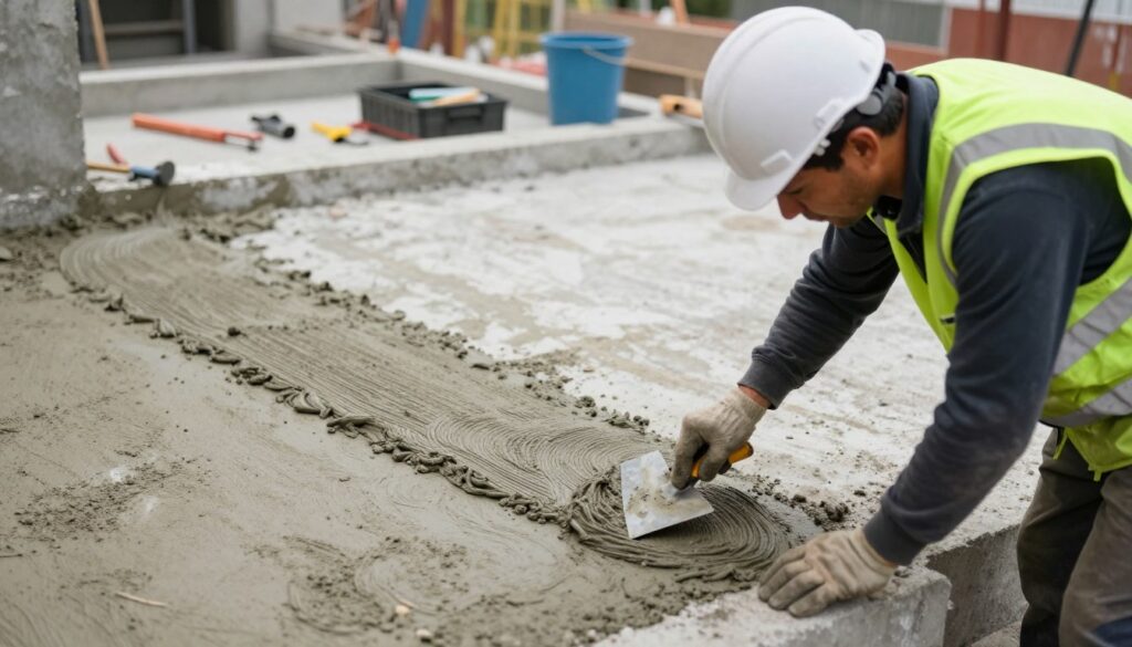 A professional worker in a safety vest and hard hat applying concrete repair mortar to an outdoor surface, using a trowel for precision. The background features a partially completed concrete structure surrounded by construction tools and materials, illustrating durability and repair methods. The mid-ground highlights the texture of the fresh mortar being spread, contrasting with the rough surface of the aged concrete. Soft natural light illuminates the scene, casting gentle shadows that enhance the details of the repair work. The atmosphere conveys a sense of professional craftsmanship and dedication to strong, freeze-resistant repairs. The perspective is slightly angled from above, capturing both the worker’s focus and the repair process in action.