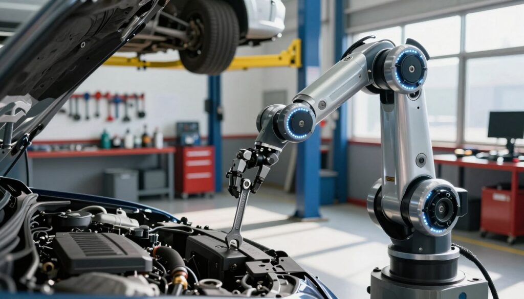 A robotic service worker is in the foreground, expertly using a wrench to service a car engine. The robot is sleek and futuristic, with mechanical arms and LED lights, symbolizing innovation in automotive repair. In the middle ground, a well-organized car repair shop can be seen, with various tools and equipment neatly arranged. The background features a car lift and a bright, clean workspace, emphasizing a professional environment. The lighting is bright and focused, casting sharp shadows that add depth to the scene. The mood is industrious and high-tech, reflecting the reliability of authorized and independent service centers. The composition is shot from a slightly low angle to convey the robot’s authority and skill in performing engine oil changes.
