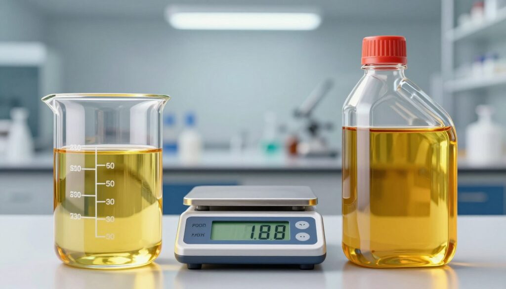 A scientific illustration showcasing the density of motor oil, comparing mineral and synthetic oils. In the foreground, two glass beakers filled with different types of oil: one with a golden, translucent mineral oil and the other with a vibrant synthetic oil exhibiting a slightly iridescent finish. Each beaker has clear measurement markings visible. In the middle ground, a digital scale accurately displaying the weight of each oil, highlighting the differences in density. The background features a blurred laboratory setting, with soft light emanating from overhead fixtures, creating a calm and professional atmosphere. The focus should be sharp on the oils and scale, with a slight depth of field effect. Overall, the mood is informative and precise, ideal for an educational context.