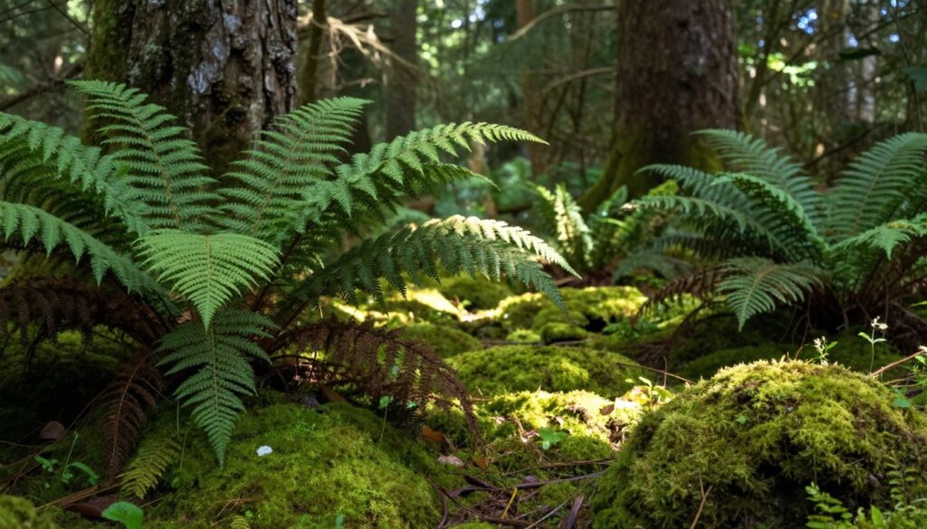 A serene forest scene showcasing lush, vibrant ferns and soft green moss in a shaded, damp environment. In the foreground, intricate fern fronds with detailed textures gracefully arch over a plush carpet of moss, showcasing various shades of green. The middle layer features a gentle cascade of sunlight filtering through dense tree canopies, illuminating patches of the forest floor. In the background, tall trees with textured bark create a sense of depth, surrounded by subtle dappled light. The atmosphere is tranquil and serene, evoking a magical woodland vibe. Soft focus enhances the ethereal quality, while the overall lighting is diffused, creating a harmonious blend of natural elements.