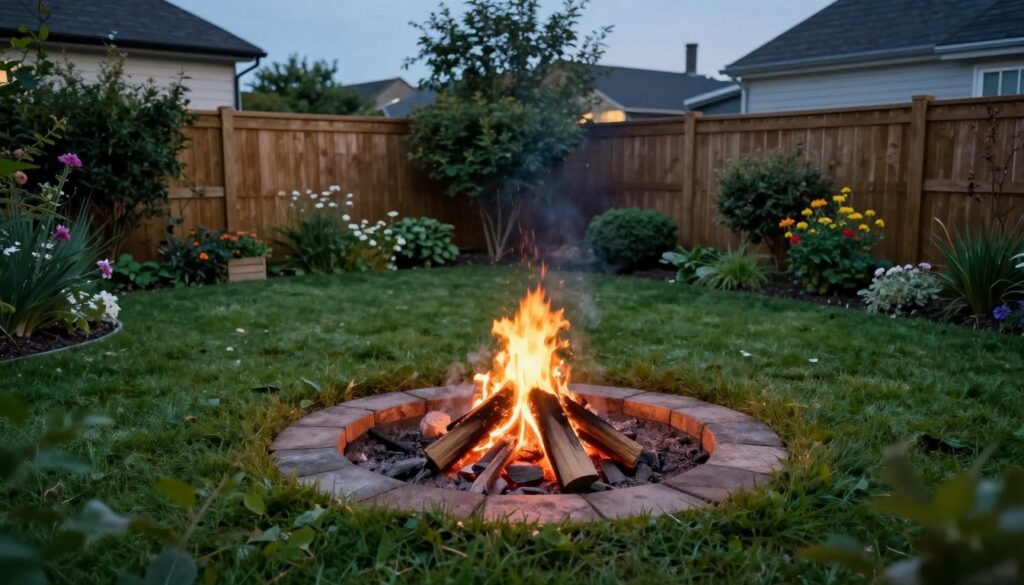 A serene garden landscape featuring a small, contained bonfire nestled within a well-maintained backyard. In the foreground, glowing embers from the fire flicker gently, casting warm light. Surrounding the fire is a circle of stone or bricks, emphasizing safety. In the middle ground, lush green grass spreads out, framed by flowering plants and hedges that create a cozy atmosphere. In the background, a wooden fence marks the boundary of the property, underscoring the importance of distance from neighboring buildings. The scene is set under a clear twilight sky, where soft, ambient light enhances the tranquil mood. The perspective captures the cozy gathering area from a slight elevation, inviting the viewer into the peaceful garden environment. A serene garden landscape featuring a small, contained bonfire nestled within a well-maintained backyard. In the foreground, glowing embers from the fire flicker gently, casting warm light. Surrounding the fire is a circle of stone or bricks, emphasizing safety. In the middle ground, lush green grass spreads out, framed by flowering plants and hedges that create a cozy atmosphere. In the background, a wooden fence marks the boundary of the property, underscoring the importance of distance from neighboring buildings. The scene is set under a clear twilight sky, where soft, ambient light enhances the tranquil mood. The perspective captures the cozy gathering area from a slight elevation, inviting the viewer into the peaceful garden environment.