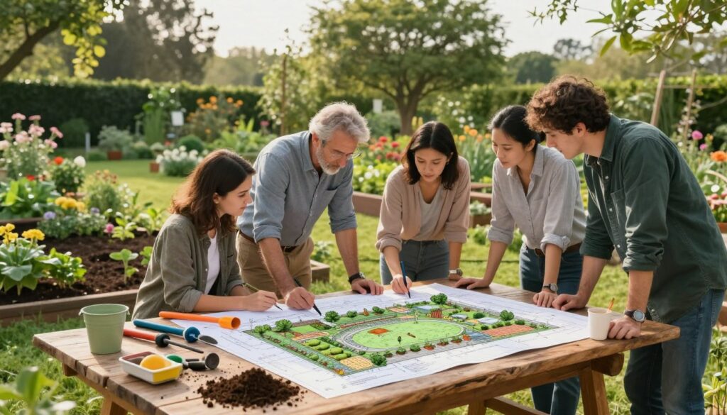 A serene garden plot analysis scene, featuring a detailed layout of a garden design plan spread out on a rustic wooden table in the foreground. In the middle, a diverse team of professionals in modest casual clothing, including a landscape architect and a horticulturist, thoughtfully discussing the project, surrounded by colorful gardening tools and soil samples. In the background, a lush green landscape dotted with mature trees and seasonal flowers, bathed in soft afternoon sunlight, creating a warm and inviting atmosphere. Use a slightly tilted angle from the side to emphasize the interaction among the team members, and ensure the lighting highlights the textures of the soil and plants, evoking a sense of enthusiasm and preparation for the garden project.