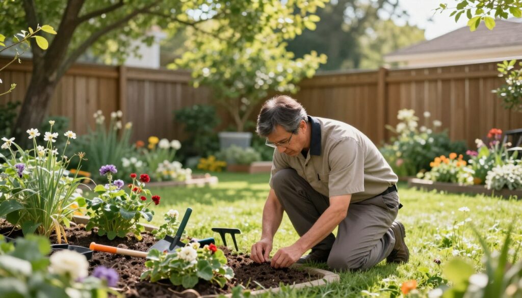 A serene garden scene depicting a professional pest control technician inspecting for ticks in a lush backyard. The foreground shows the technician, a middle-aged person in modest, professional attire, kneeling near a flower bed, focused on examining the soil. The middle ground features vibrant greenery, with well-kept grass, blooming flowers, and strategically placed garden tools to indicate the maintenance aspect. In the background, a wooden fence and tall trees create an inviting atmosphere, with soft sunlight filtering through the leaves, casting gentle shadows. The mood is diligent yet peaceful, evoking a sense of proactive care for the environment while ensuring safety. The image should have a clear depth of field, highlighting the technician's work in a safe and professional manner.