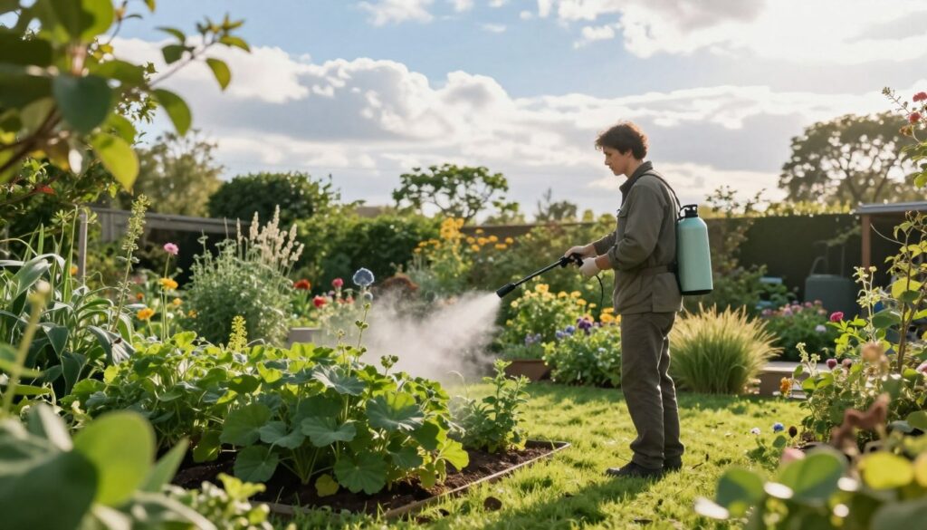 A serene garden scene depicting the safe application of insecticides. In the foreground, a professional individual in modest casual clothing is carefully spraying a targeted area of vibrant green plants, ensuring minimal chemical drift. The middle ground features a variety of flowering plants and lush grass, with nearby herbs indicating a natural pest control method. In the background, a bright blue sky with soft white clouds enhances the tranquil atmosphere. The sunlight filters through the leaves, creating a warm, inviting glow. The overall mood is calm and responsible, emphasizing safety and environmental care in pest management practices, while avoiding any presence of harmful sprays affecting the surrounding wildlife. Use a wide-angle lens for a comprehensive view of the garden. A serene garden scene depicting the safe application of insecticides. In the foreground, a professional individual in modest casual clothing is carefully spraying a targeted area of vibrant green plants, ensuring minimal chemical drift. The middle ground features a variety of flowering plants and lush grass, with nearby herbs indicating a natural pest control method. In the background, a bright blue sky with soft white clouds enhances the tranquil atmosphere. The sunlight filters through the leaves, creating a warm, inviting glow. The overall mood is calm and responsible, emphasizing safety and environmental care in pest management practices, while avoiding any presence of harmful sprays affecting the surrounding wildlife. Use a wide-angle lens for a comprehensive view of the garden.