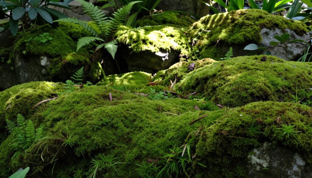 A serene garden scene featuring a lush, mossy area emerging in a shaded spot. In the foreground, vibrant green moss covers the ground, with delicate dark green and bright green textures intermingling. The middle ground showcases patches of soft, fluffy moss growing on shaded rocks and among small ferns, creating a rich tapestry of greens. Further back, you can see subtle hints of sunlight filtering through the leaves of overhead trees, casting dappled light onto the moss below. The atmosphere feels tranquil and refreshing, evoking a sense of natural serenity. The lighting is soft and diffused, reminiscent of a peaceful woodland setting. The angle captures the beauty of the mossy area, emphasizing the gentle curves and textures.