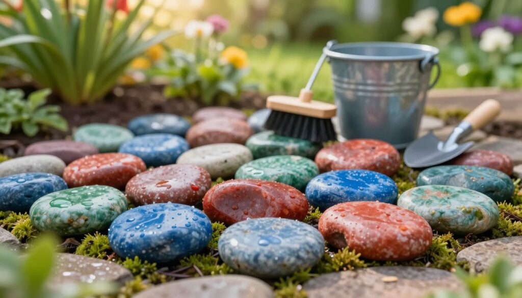 A serene garden scene featuring a variety of clean, colorful garden stones, arranged in an aesthetically pleasing pattern. In the foreground, the stones are glistening with moisture, showcasing their vibrant hues of blues, reds, and greens, with some moss creeping between them. In the middle ground, a pair of gardening tools, such as a small brush and a bucket, are placed beside the stones, emphasizing the cleaning process. The background consists of lush greenery with flowering plants under soft, natural sunlight, creating a warm and inviting atmosphere. The image is captured with a shallow depth of field to focus on the stones while creating a gentle, blurred effect for the background. The overall mood is calm and refreshing, perfect for illustrating a gardening article.