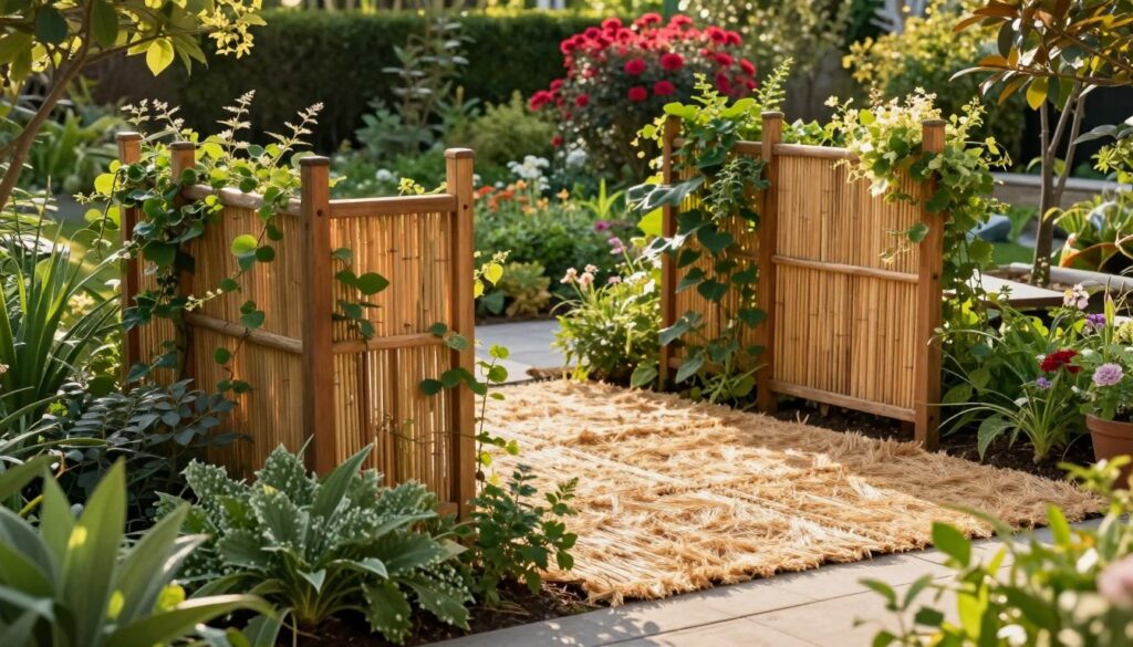 A serene garden scene featuring decorative garden screens and masking mats with lush greenery surrounding them. In the foreground, showcase beautifully crafted wooden and bamboo screens adorned with climbing plants, creating a natural privacy barrier. The middle ground portrays soft, textured mats made from natural fibers, blending harmoniously with the flowerbeds. In the background, a glimpse of vibrant flowering shrubs and a gentle pathway leads viewers into the garden, inviting exploration. The lighting is warm and golden, casting soft shadows that enhance the tranquility of the space. The atmosphere is peaceful and inviting, perfect for relaxation and contemplation, reflecting the beauty of well-designed outdoor spaces.