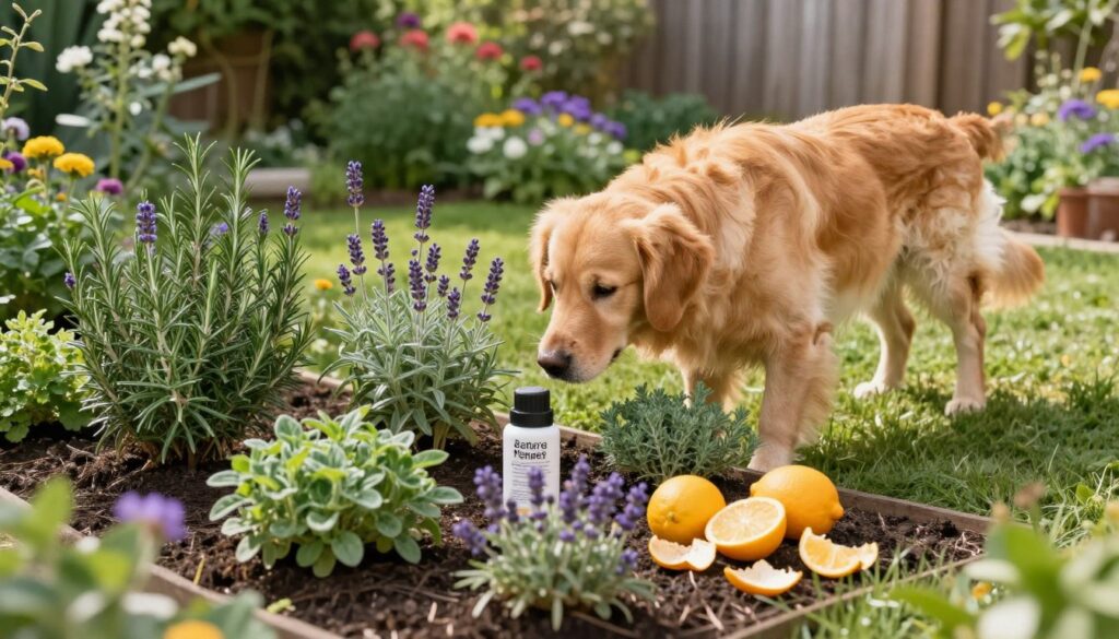 A serene garden scene featuring natural dog repellents. In the foreground, a variety of vibrant herbs and plants, such as rosemary, lavender, and citrus peels, arranged artistically. In the middle ground, a playful golden retriever sniffs curiously at the plants but shows no intent to dig. The background includes a well-kept garden with flowers blooming and a wooden fence, bathed in soft, warm sunlight. The ambiance is tranquil, suggesting a peaceful coexistence between pet and garden. The composition is shot at a slight angle from above, allowing clear visibility of both the dog and the natural deterrents. The colors are bright and inviting, evoking a sense of harmony and nature.