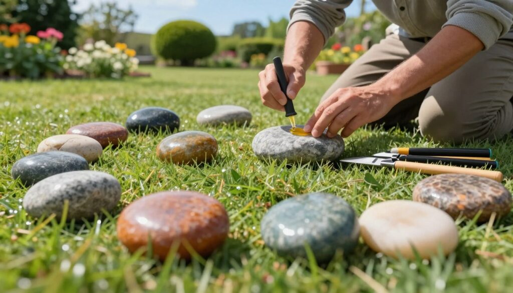 A serene garden scene featuring various types of cleaned and impregnated stones with a polished finish, arranged artfully on soft, lush green grass. In the foreground, focus on glistening, smooth stones reflecting sunlight, showcasing their vibrant colors and textures. In the middle ground, a skilled gardener in modest casual clothing carefully applies a protective sealant to a stone, illustrating the process of stone impregnation, with tools neatly organized nearby. The background hints at a well-maintained garden with colorful flowers and neatly trimmed bushes under a clear blue sky. The lighting is bright and natural, creating an inviting and tranquil atmosphere that emphasizes the beauty and longevity of the stones.