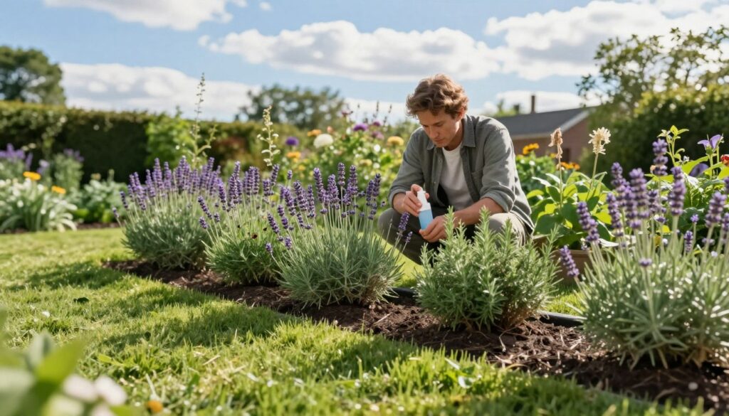 A serene garden scene focused on a well-maintained lawn and blooming plants, illustrating effective methods of tick control. In the foreground, a variety of pest-repelling plants such as lavender and rosemary, their vibrant colors contrasting with the lush green grass. The middle ground features a gardener in modest casual clothing inspecting the plants carefully, holding a natural repellent spray. In the background, a bright blue sky with fluffy clouds enhances the peaceful atmosphere. Soft afternoon sunlight casts gentle shadows, creating an inviting and informative mood. The image is captured from a slightly elevated angle, showcasing the entire scene thoughtfully, emphasizing the importance of gardening practices in reducing tick populations. A serene garden scene focused on a well-maintained lawn and blooming plants, illustrating effective methods of tick control. In the foreground, a variety of pest-repelling plants such as lavender and rosemary, their vibrant colors contrasting with the lush green grass. The middle ground features a gardener in modest casual clothing inspecting the plants carefully, holding a natural repellent spray. In the background, a bright blue sky with fluffy clouds enhances the peaceful atmosphere. Soft afternoon sunlight casts gentle shadows, creating an inviting and informative mood. The image is captured from a slightly elevated angle, showcasing the entire scene thoughtfully, emphasizing the importance of gardening practices in reducing tick populations.