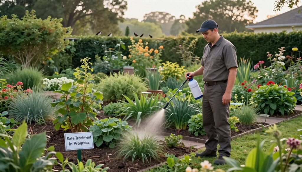 A serene garden scene in soft morning light, showing a diverse range of vegetation, with healthy, green plants and trees in the background. In the foreground, a professional pest control technician in modest attire is applying a safe, eco-friendly treatment to the ground, symbolizing the concept of "deratyzacja" for tick management. The technician uses a spray canister, demonstrating careful application. Surrounding the area, a small sign reads "Safe Treatment in Progress" to emphasize safety. The atmosphere is calm and focused, with birds chirping in the background, evoking a sense of peace and care for the environment. The image should be captured from a slightly elevated angle, providing an expansive view of the garden and technician at work.