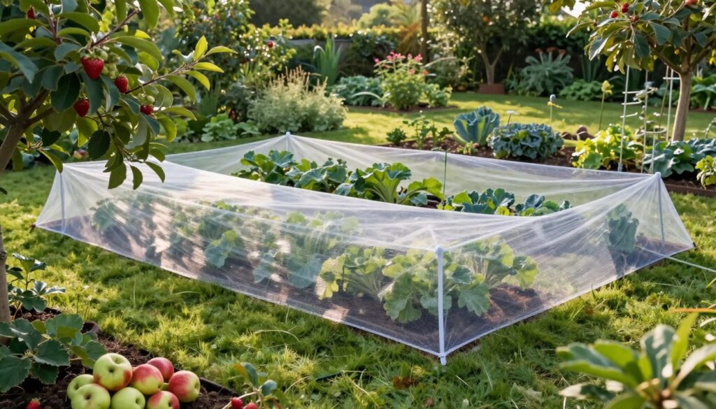 A serene garden scene showcasing a protective bird netting installed over lush fruit trees, vegetable beds, and a well-kept lawn. In the foreground, vibrant fruits like apples and strawberries peek through the transparent mesh, reflecting early morning sunlight. The middle ground features a neatly arranged vegetable patch covered by the netting, illustrating the barriers effectively deterring birds. The background reveals a variety of healthy plants and a tranquil, manicured lawn under soft, diffused lighting. The atmosphere is calm and protective, highlighting the netting's role as a mechanical barrier. The scene is captured from a slightly elevated angle, emphasizing the protective qualities of the netting without any human presence, creating an inviting yet safeguarded environment.