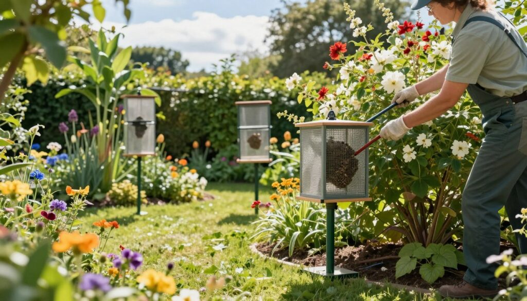 A serene garden scene showcasing preventative measures against wasps, emphasizing a lush, green environment filled with colorful flowers and well-maintained plants. In the foreground, a person dressed in professional gardening attire carefully examines a wasp trap, positioned next to a flowering bush, highlighting the importance of monitoring for nests. The middle ground features additional traps and natural repellents like citronella plants. In the background, a bright and sunny sky illuminates the scene, casting soft shadows that create a peaceful atmosphere. The composition is balanced, focusing on the interaction between human effort and nature, evoking a sense of safety and tranquility in outdoor spaces.