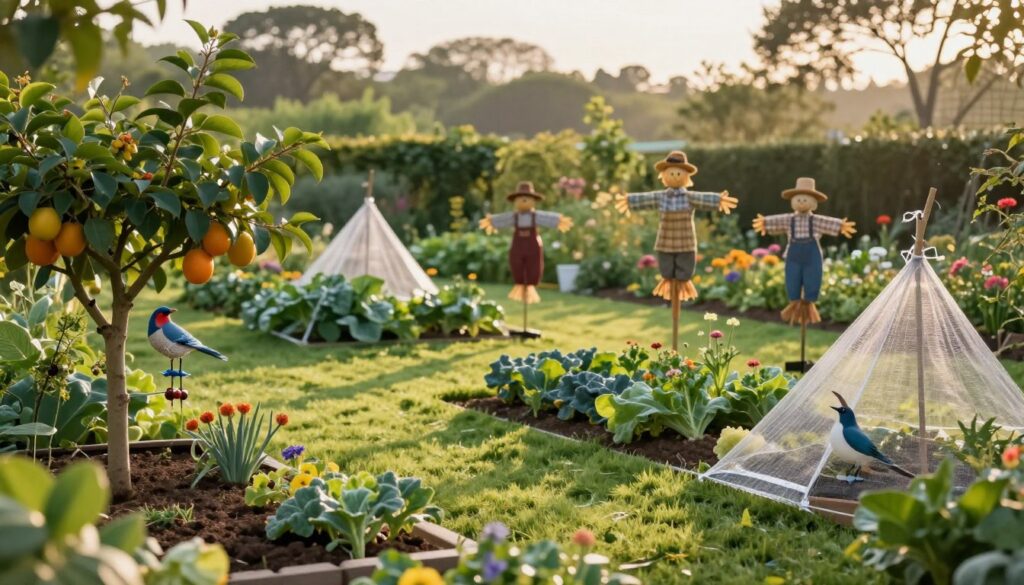 A serene garden scene showcasing various bird deterrent techniques in a harmonious setting. In the foreground, colorful fruit trees and neatly arranged vegetable beds are interspersed with gentle protective measures, such as reflective tape, nets, and natural decoy birds. The middle ground features a lush green lawn with garden scarecrows dressed in modest casual clothing, resembling friendly gardeners. In the background, soft-focus silhouettes of distant trees and vibrant flowers add warmth to the scene. The lighting is soft and golden, suggesting early morning or late afternoon, casting gentle shadows that enhance the tranquility of the environment. The atmosphere is peaceful, yet clearly communicates the theme of effective bird protection techniques.