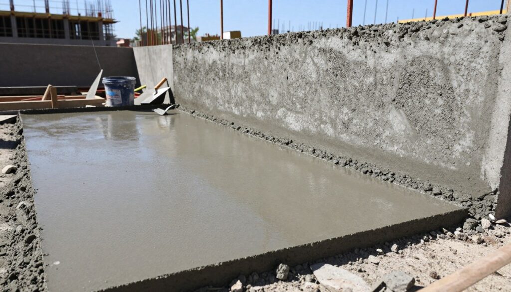 A side-by-side comparison of fresh concrete and cured concrete, set in a construction site environment. In the foreground, a freshly mixed, wet concrete slab is prominently displayed, with a smooth, glossy surface reflecting sunlight. Next to it, hardened concrete shows a rougher texture, with scattered aggregate visible and a gray mat finish. The middle ground features construction tools like trowels and buckets, emphasizing the hands-on nature of working with concrete. The background showcases a partially constructed building under a clear blue sky, with sunlight casting soft shadows, highlighting the contrast between the two types of concrete. The scene conveys an informative and professional atmosphere, suitable for an educational context. A side-by-side comparison of fresh concrete and cured concrete, set in a construction site environment. In the foreground, a freshly mixed, wet concrete slab is prominently displayed, with a smooth, glossy surface reflecting sunlight. Next to it, hardened concrete shows a rougher texture, with scattered aggregate visible and a gray mat finish. The middle ground features construction tools like trowels and buckets, emphasizing the hands-on nature of working with concrete. The background showcases a partially constructed building under a clear blue sky, with sunlight casting soft shadows, highlighting the contrast between the two types of concrete. The scene conveys an informative and professional atmosphere, suitable for an educational context.