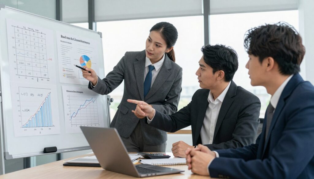 A sophisticated workspace scene depicting various methods for calculating the real cost of construction investments. In the foreground, display a large whiteboard filled with charts, formulas, and diagrams that represent different investment calculation methods, such as cost breakdowns and financial flow analysis. In the middle ground, feature a professional, focused group of three individuals in business attire, engaged in discussion and examining the whiteboard, with a calculator and a laptop opened on the table. The background should showcase a modern office setting with large windows allowing natural light to illuminate the scene, creating an atmosphere of collaboration and analytical thinking. Use soft lighting to enhance the clarity of details while maintaining a professional mood.