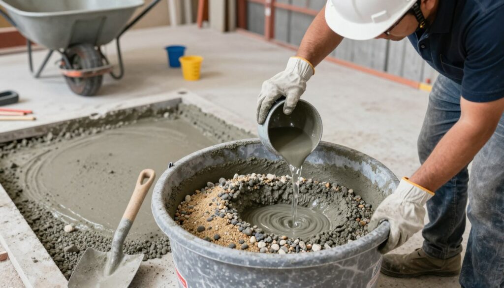 A step-by-step instruction for mixing concrete, featuring a well-organized workspace. In the foreground, a large mixing bucket filled with a mixture of gravel, sand, and cement, with a shovel resting beside it. The middle ground showcases a professional wearing a hard hat and safety gloves, carefully measuring water into the mix. The background reveals a construction site setting with tools scattered around, like a wheelbarrow and measuring cups. Soft, diffused lighting illuminates the scene, creating a practical and focused atmosphere. The angle is slightly elevated, capturing the entire process of mixing concrete for B20 strength, emphasizing precision and safety. A step-by-step instruction for mixing concrete, featuring a well-organized workspace. In the foreground, a large mixing bucket filled with a mixture of gravel, sand, and cement, with a shovel resting beside it. The middle ground showcases a professional wearing a hard hat and safety gloves, carefully measuring water into the mix. The background reveals a construction site setting with tools scattered around, like a wheelbarrow and measuring cups. Soft, diffused lighting illuminates the scene, creating a practical and focused atmosphere. The angle is slightly elevated, capturing the entire process of mixing concrete for B20 strength, emphasizing precision and safety.