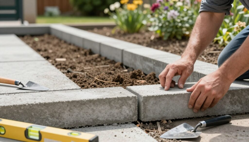 A step-by-step instruction guide for installing concrete edges, depicted in a practical, informative style. In the foreground, focus on a close-up of hands arranging concrete edging blocks, demonstrating precision and care, with tools like a trowel and a level present. In the middle ground, show a partially completed area with neatly placed concrete edges aligning with perfectly leveled soil, creating an organized and professional appearance. The background features a sunny garden setting, with greenery and flowers, to evoke a sense of a well-maintained outdoor space. Soft, natural lighting enhances the scene, with shadows adding depth and realism. The overall mood is instructive and engaging, encouraging viewers to learn about proper installation techniques without any distracting elements or text.