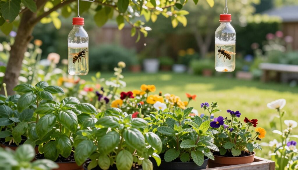 A tranquil garden scene focused on natural pest deterrents for wasps, showcasing homemade solutions. In the foreground, a vibrant array of herbs like basil and mint, known for their wasp-repelling properties, thrive in neatly arranged pots. A DIY wasp trap made from a repurposed plastic bottle hangs nearby, filled with natural attractants like sugar water and vinegar. In the middle ground, a colorful flower bed blooms, enhancing visual appeal while providing a natural habitat for beneficial insects. The background features a lush green lawn, dappled sunlight filtering through leafy trees, creating a serene and inviting atmosphere. Warm, soft lighting enhances the freshness of the scene, captured from a low angle to emphasize the plants and traps, inspiring a sense of safety and harmony within the garden.