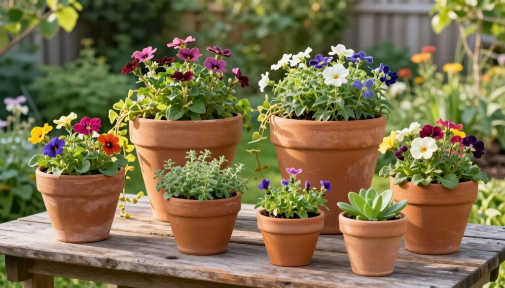 A vibrant and creative garden scene showcasing practical uses of old pots, integrated harmoniously into greenery. In the foreground, several uniquely shaped ceramic pots are filled with colorful flowers, herbs, and small vegetable plants, arranged on a rustic wooden table. The middle ground features larger terracotta pots acting as decorative planters, with trailing vines spilling over the edges. In the background, an inviting garden is filled with lush foliage and diverse plants, bathed in warm, golden sunlight, creating a peaceful atmosphere. The shot is taken with a soft focus, emphasizing the textures of the pots and the vibrancy of the plants. The mood is cheerful and inspiring, encouraging viewers to embrace creative gardening.