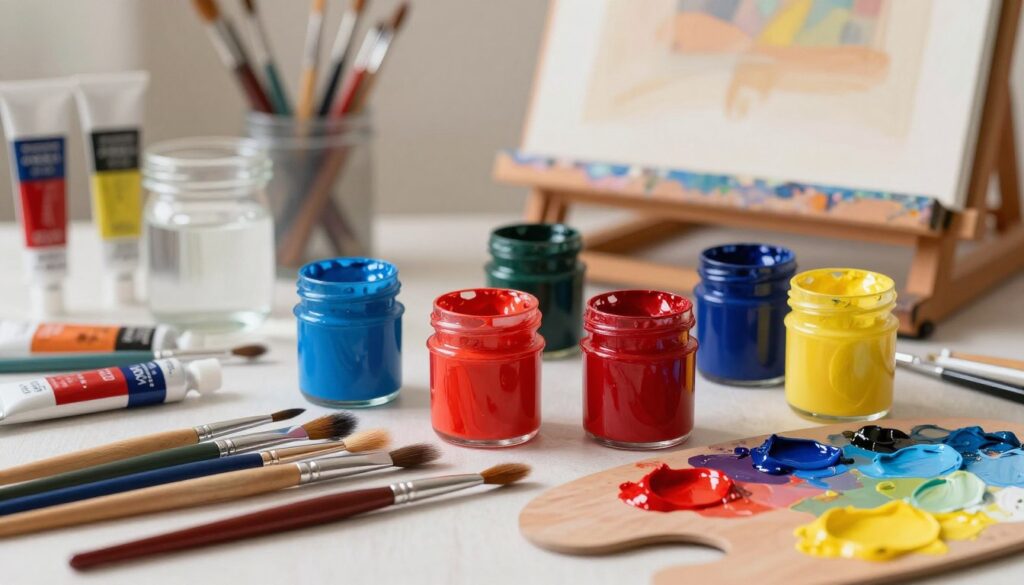 A vibrant and detailed still-life composition showcasing acrylic paints in various containers, such as tubes and jars, with different colors like bold reds, blues, and yellows. In the foreground, paintbrushes of various sizes are artistically arranged next to an open palette, smeared with blended paint colors, hinting at the mixing process. The middle ground features a slightly blurred easel with a partially finished canvas, while the background includes an organized artist's workspace with tubes of paint, water jars, and mixing tools. Soft, natural lighting illuminates the scene, creating a warm and inviting atmosphere, emphasizing the fluidity and richness of the acrylic paints. The overall mood is creative and inspiring, conveying the art of combining and diluting colors.